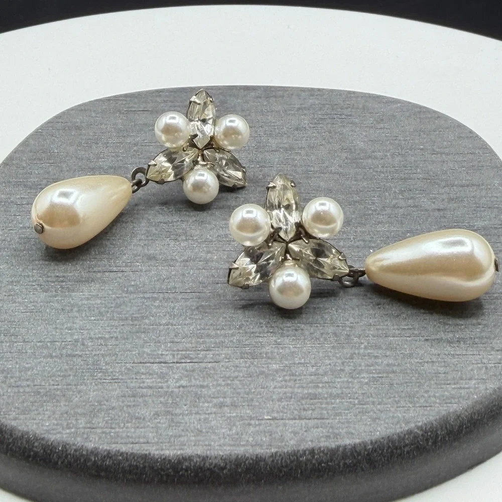 Faux Pearl Rhinestone Teardrop Dangle Earrings Bridal Coquette Statement Gift